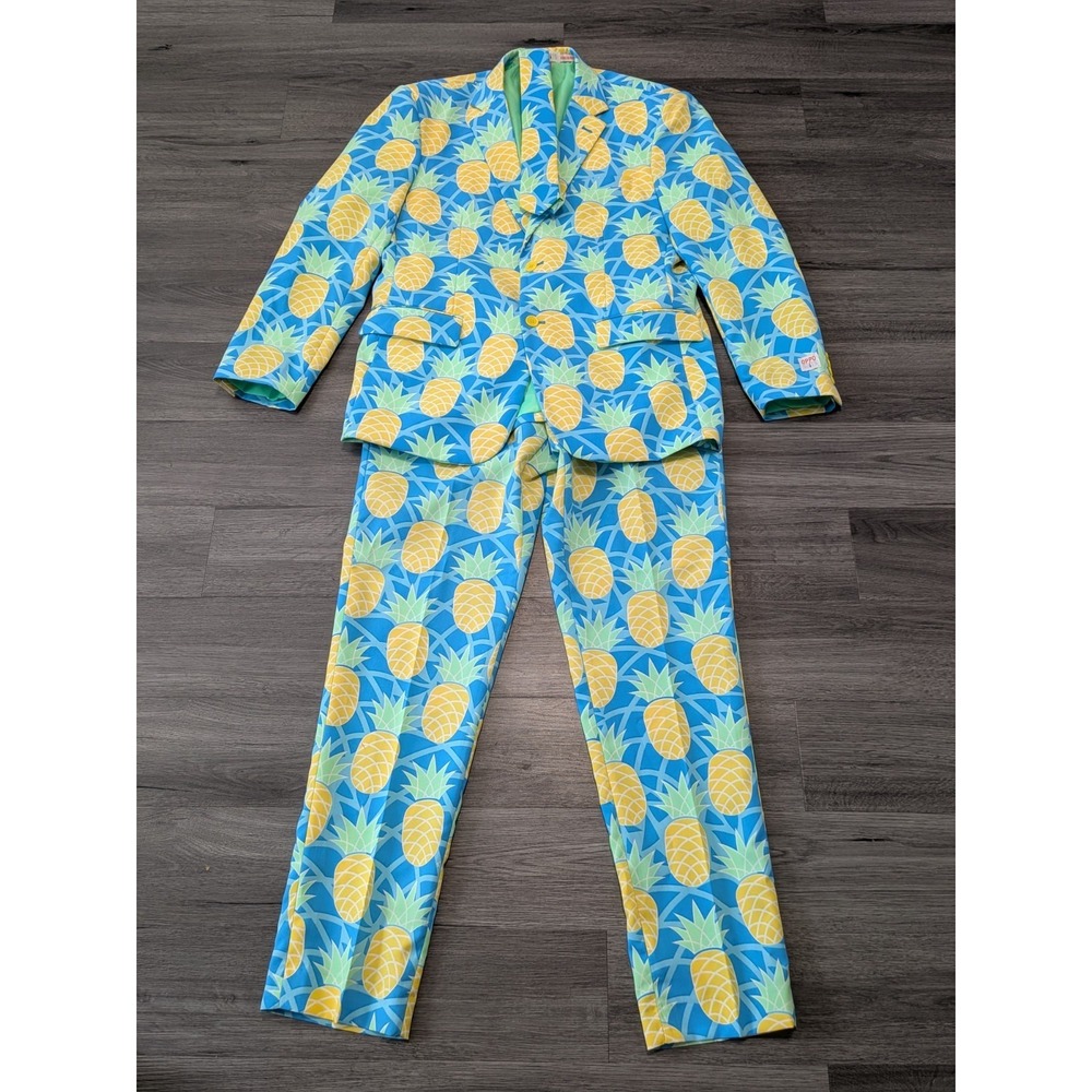 OppoSuits Men's Blue Pineapple Print Party 2 Piece Suit with Tie Size 36x33 46R‎